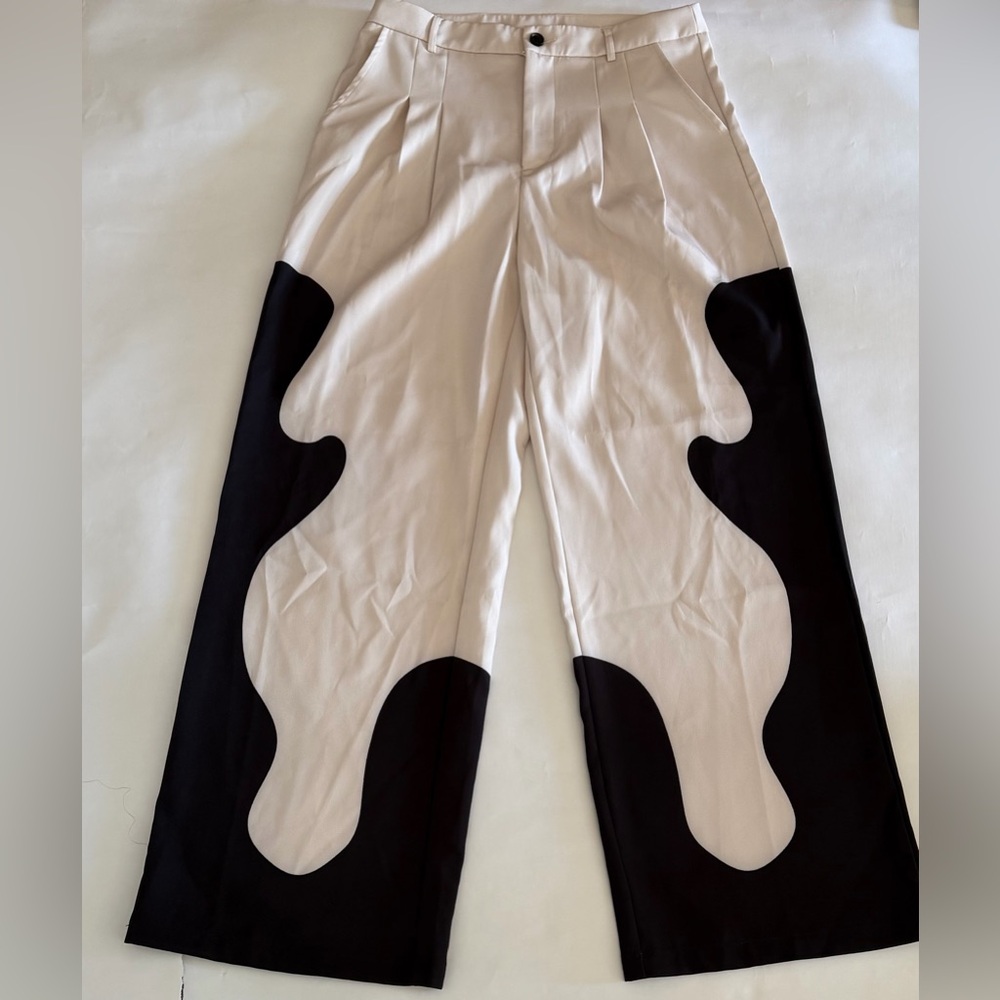 Stylish Two-Tone Cream and Black Graphic Panel Pants